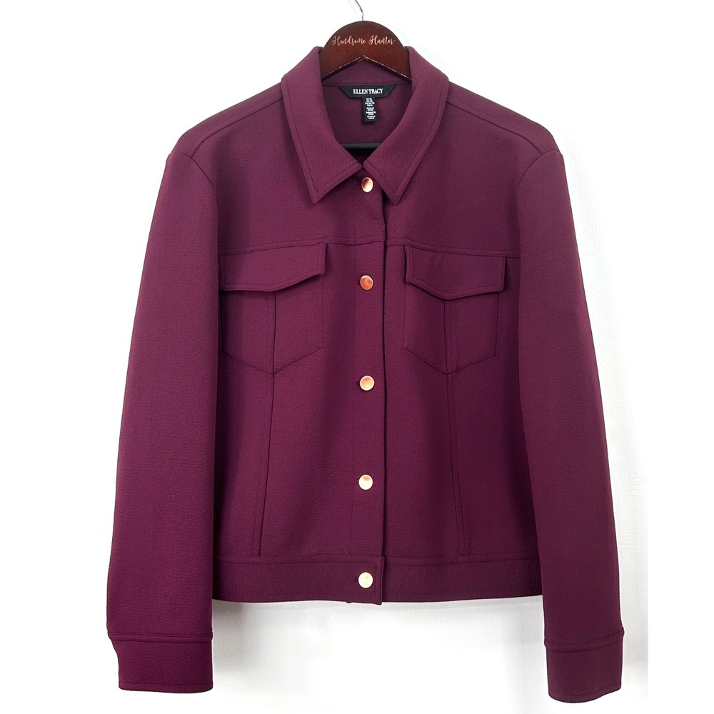 Ellen Tracy Women Jacket Maroon Poly‎ Blend Button Up Collar Blazer Sz XL 1095E4
